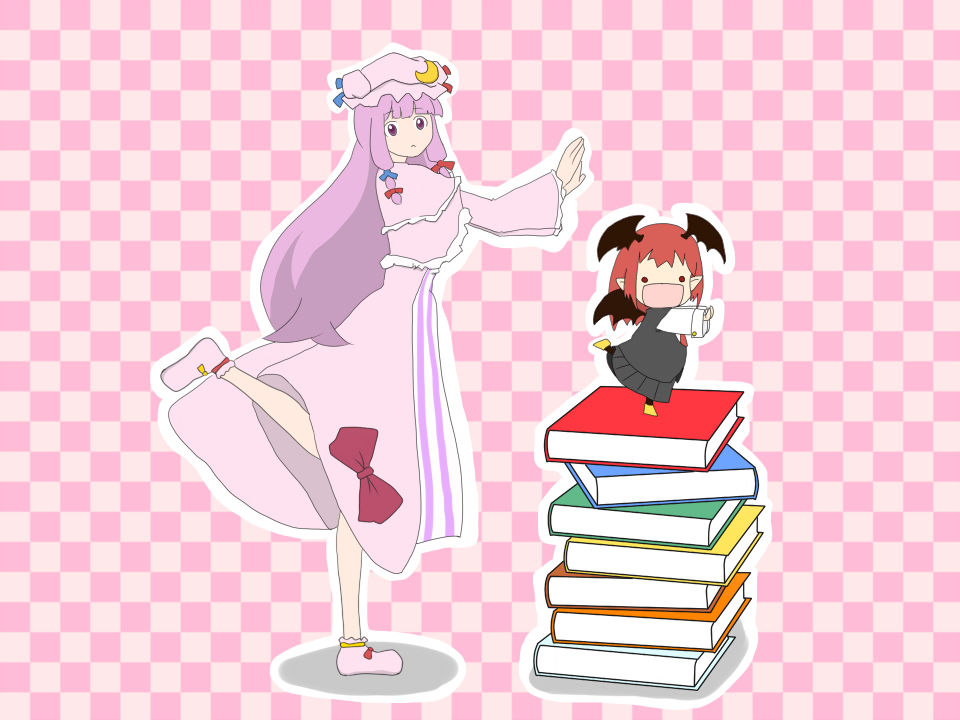2girls :&lt; :d akinasu2 bat_wings book_stack bow capelet checkered checkered_background chibi commentary_request crescent dress dress_shirt fairy_(jintai) hair_ribbon hat hat_ribbon head_wings jinrui_wa_suitai_shimashita koakuma long_hair looking_at_viewer low-tied_long_hair minigirl mob_cap multiple_girls open_mouth outline outstretched_arms pantyhose parody patchouli_knowledge pointy_ears pose purple_dress purple_eyes purple_hair red_eyes red_hair ribbon shirt simple_background skirt skirt_set slippers smile standing standing_on_one_leg striped striped_dress touhou tress_ribbon vertical_stripes very_long_hair vest watashi_(jintai) white_shirt wings