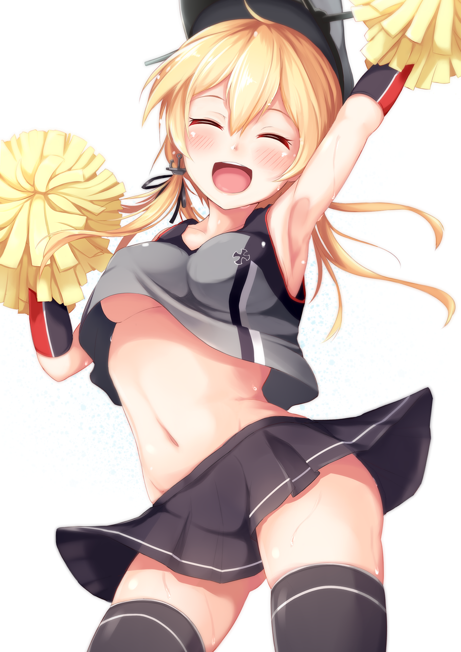 adapted_costume arm_up armpits black_legwear blonde_hair blush breasts cheering cheerleader closed_eyes elbow_gloves facing_viewer gloves hat highres igakusei kantai_collection long_hair low_twintails medium_breasts midriff miniskirt navel no_bra open_mouth pom_poms prinz_eugen_(kantai_collection) shirt skirt sleeveless sleeveless_shirt smile solo stomach sweat thighhighs twintails underboob wind wind_lift