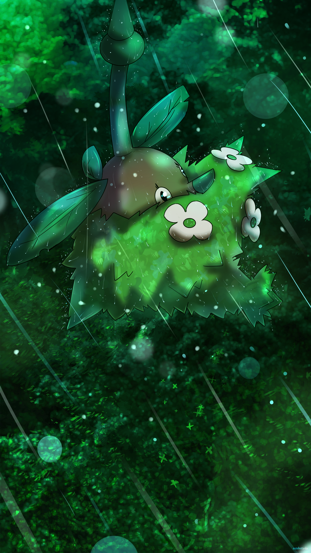 flower gen_4_pokemon green_eyes highres leaf leaf_background lens_flare no_humans plant pokemon pokemon_(creature) rain water wormadam