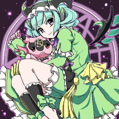 astaroth_(p&amp;d) bad_id bad_pixiv_id bow cauchemar_(p&amp;d) demon_girl demon_horns detached_sleeves dress frilled_dress frills green_bow green_dress hairband horns long_sleeves lowres magic_circle outline pantsu_majirou pentagram puffy_long_sleeves puffy_sleeves purple_eyes purple_ribbon puzzle_&amp;_dragons ribbon short_hair smile solo wings