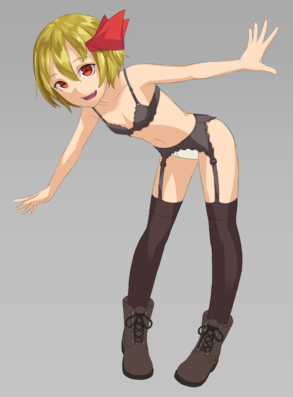 bare_shoulders bent_over black_bra black_legwear blonde_hair boots bow bra fangs full_body garter_belt grey_background hair_bow hair_ornament kurione_(zassou) lingerie looking_at_viewer navel open_mouth outstretched_arms panties red_eyes rumia short_hair simple_background smile solo stomach thighhighs touhou underwear underwear_only white_panties