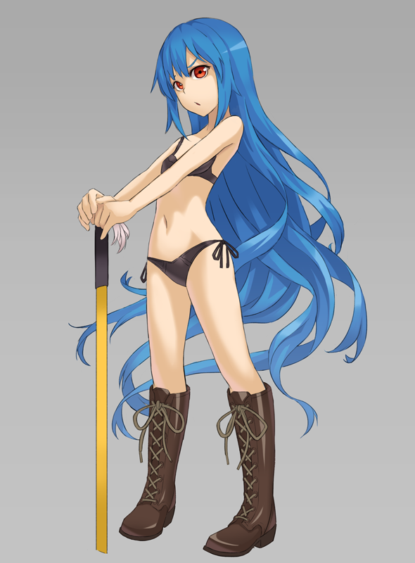 bare_shoulders black_bra black_panties blue_hair boots bra full_body grey_background hinanawi_tenshi kurione_(zassou) long_hair looking_at_viewer navel open_mouth panties red_eyes simple_background solo stomach sword_of_hisou touhou underwear underwear_only very_long_hair