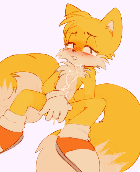 2_tails anal anal_fingering blush canine chest_tuft clothing cum cum_on_chest cum_on_face eyebrows fingering footwear fox fur gloves half-closed_eyes looking_at_viewer male mammal masturbation miles_prower multiple_tails orange_fur plain_background shoes socks solo sonic_(series) spread_legs spreading tears teeth tschau tuft white_background white_fur