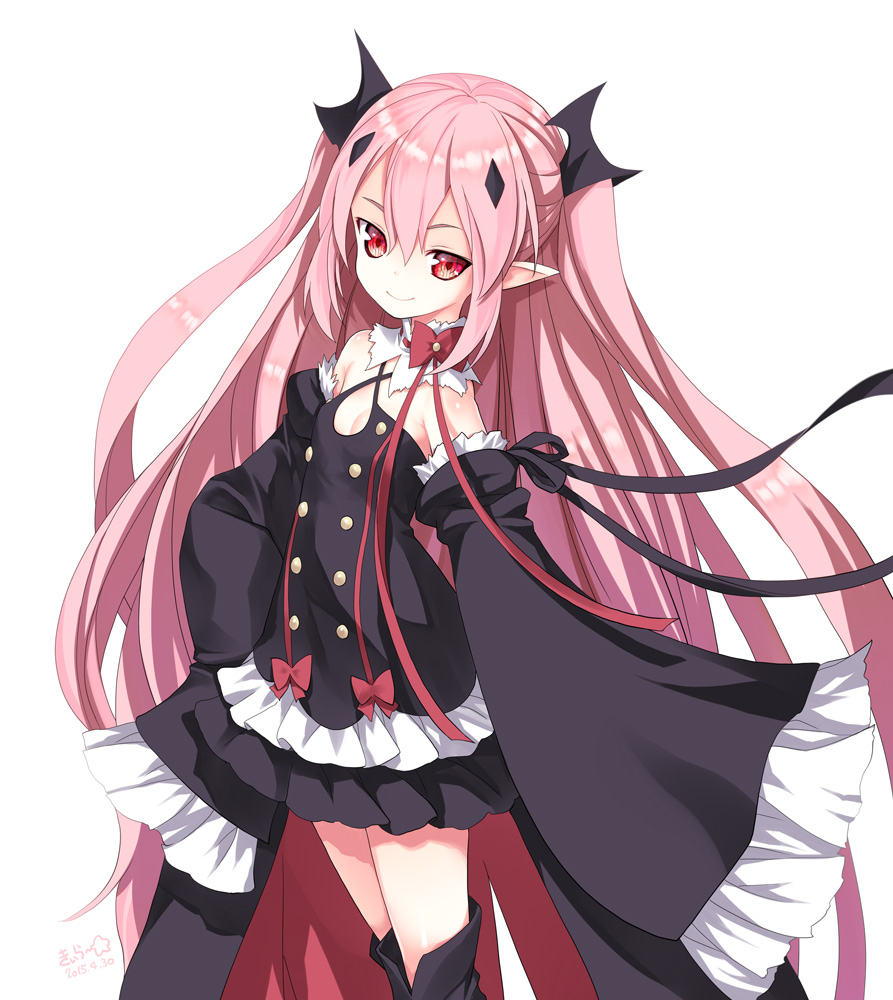 bare_shoulders breasts detached_sleeves kiira krul_tepes long_hair owari_no_seraph pink_hair pointy_ears red_eyes ribbon simple_background sleeves_past_wrists small_breasts smile solo very_long_hair white_background