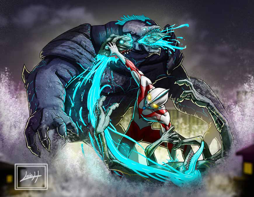 1boy blue_blood blue_eyes bodysuit cape cloud cloudy cloudy_sky crossover extra_eyes glowing glowing_eye glowing_eyes green_eyes guro helmet kaijuu knifehead leatherback lightning louie_h male_focus mask monster neon_trim no_humans ocean pacific_rim rain red_cape sharp_teeth size_difference sky solo teeth tokusatsu ultra_series ultraman ultraman_(1st_series) upper_body yellow_eyes