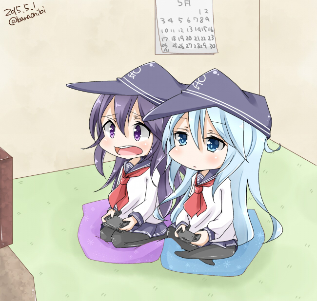 2girls akatsuki_(kantai_collection) anchor_symbol aqua_eyes aqua_hair bad_id bad_pixiv_id black_skirt blue_legwear calendar_(object) controller dated game_controller hibiki_(kantai_collection) hyakka_onibi indian_style kantai_collection long_hair long_sleeves multiple_girls neckerchief no_shoes open_mouth pantyhose playing pleated_skirt purple_eyes purple_hair red_neckwear sailor_collar school_uniform seiza serafuku sitting skirt twitter_username