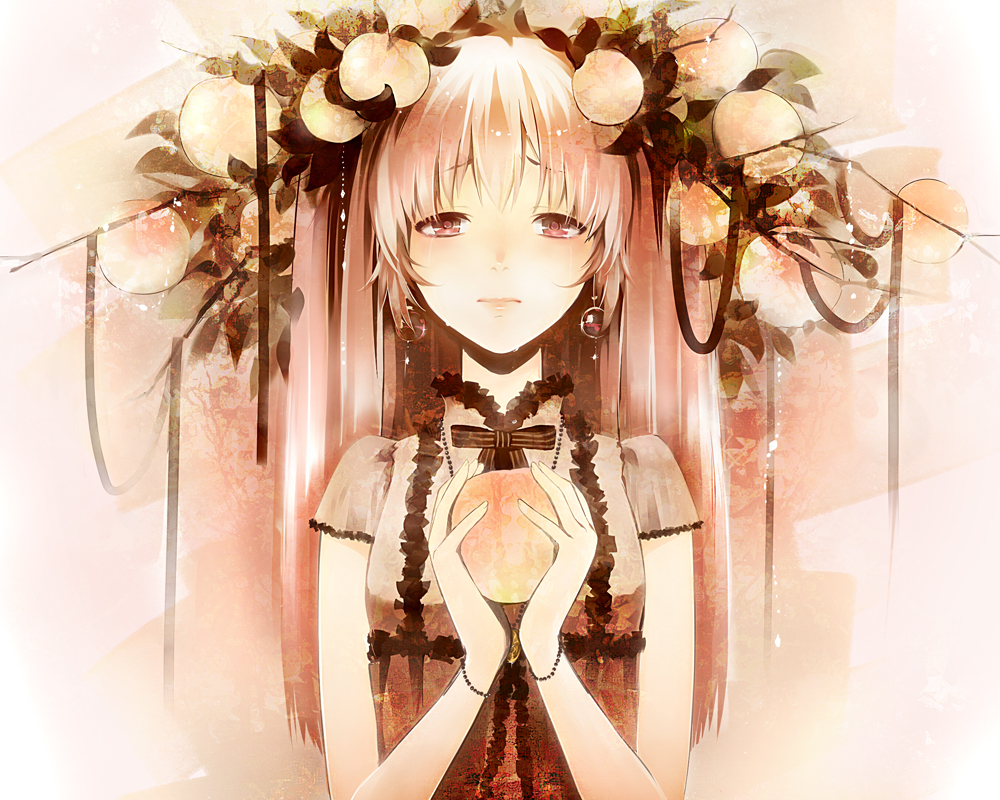 bracelet dress earrings food food_as_clothes fruit hair_ornament hat holding holding_food holding_fruit jewelry original peach pink_eyes pink_hair solo tachibana_yukiji tears