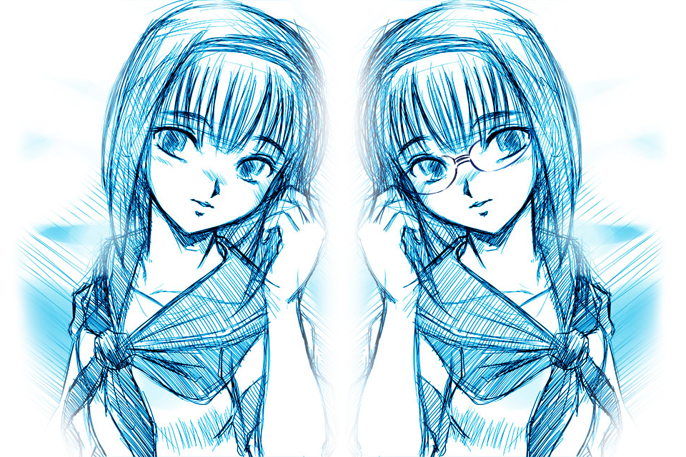 aoi_minatsuki blue clone glasses hairband kobayakawa_rinko love_plus monochrome multiple_girls school_uniform serafuku short_hair sketch