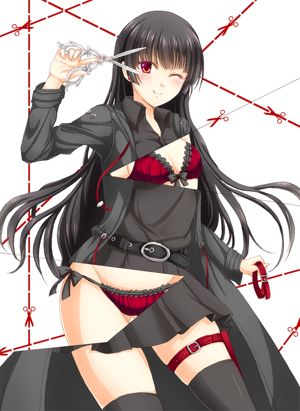 black_hair black_legwear bow bow_bra bow_panties bra collar frills holster inu_to_hasami_wa_tsukaiyou long_hair natsuno_kirihime one_eye_closed page_tear panties red_bra red_eyes red_panties revealing_cutout scissors side-tie_panties smile solo sotogawa_max thigh_holster thighhighs underwear