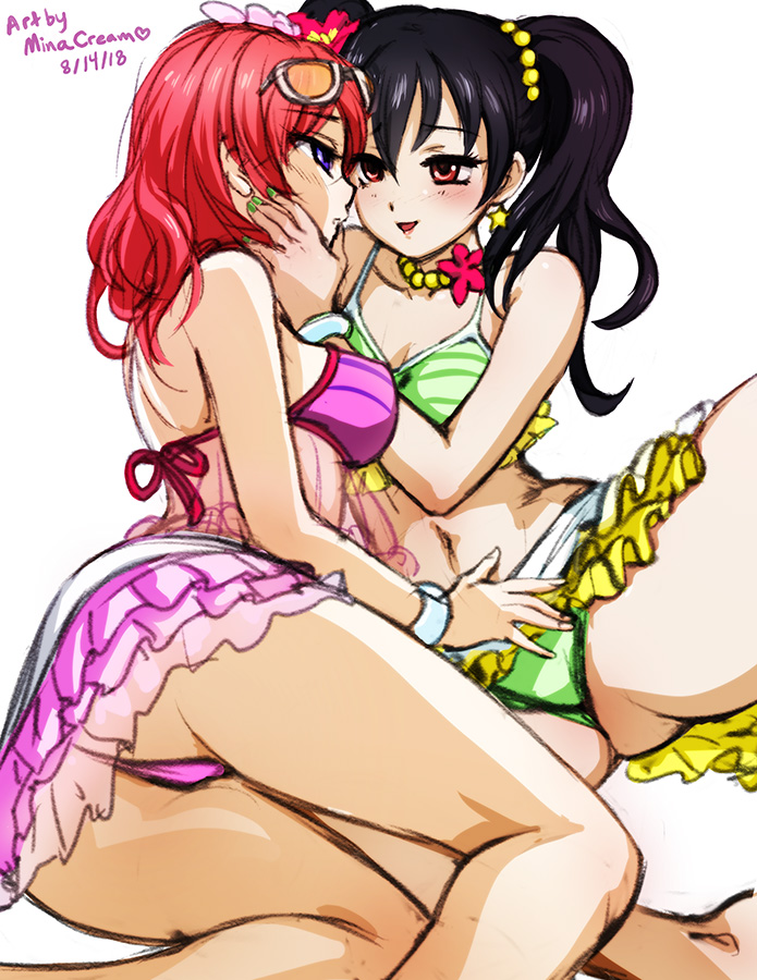 ass barefoot bikini black_hair blush bracelet breasts chin_grab dated eye_contact eyewear_on_head finger_in_another's_mouth finger_in_another's_mouth flower frilled_skirt frills green_nails hair_bobbles hair_flower hair_ornament jewelry kneepits looking_at_another love_live! love_live!_school_idol_project medium_breasts medium_hair mina_cream miniskirt multiple_girls nail_polish navel nishikino_maki purple_eyes red_eyes red_hair simple_background skirt small_breasts spread_legs sunglasses swimsuit twintails white_background yazawa_nico yuri