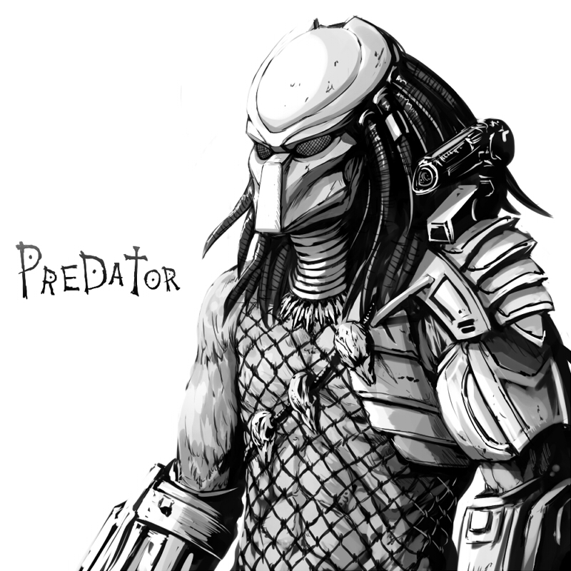 abs alien armor greyscale mask misawa_kei monochrome predator predator_(movie) predator_(series) shoulder_armor shoulder_cannon skull weapon