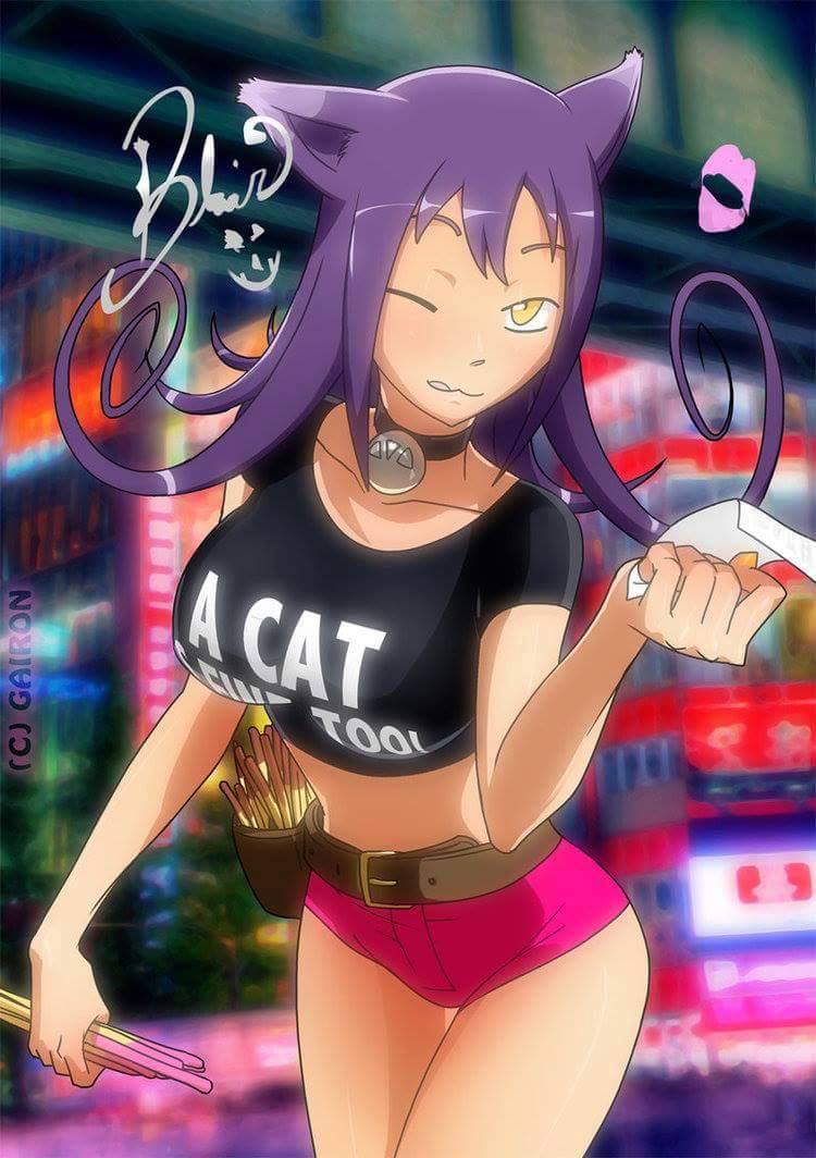 1girl animal_ears artist_name belt blair breasts cat_ears collar female gairon jpeg_artifacts large_breasts lipstick_mark long_hair looking_at_viewer midriff one_eye_closed pocky purple_hair short_shorts shorts smile solo soul_eater wink yellow_eyes