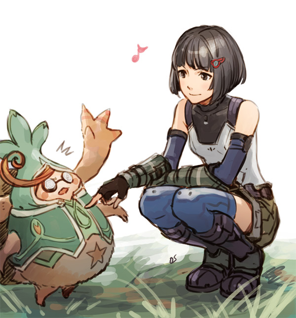 black_footwear black_hair boots glasses hair_ornament hairclip hat iwamoto_zerogo knee_boots lynlee_kuu monado poking short_hair shorts tatsu_(xenoblade_x) thighhighs xenoblade_(series) xenoblade_chronicles_x