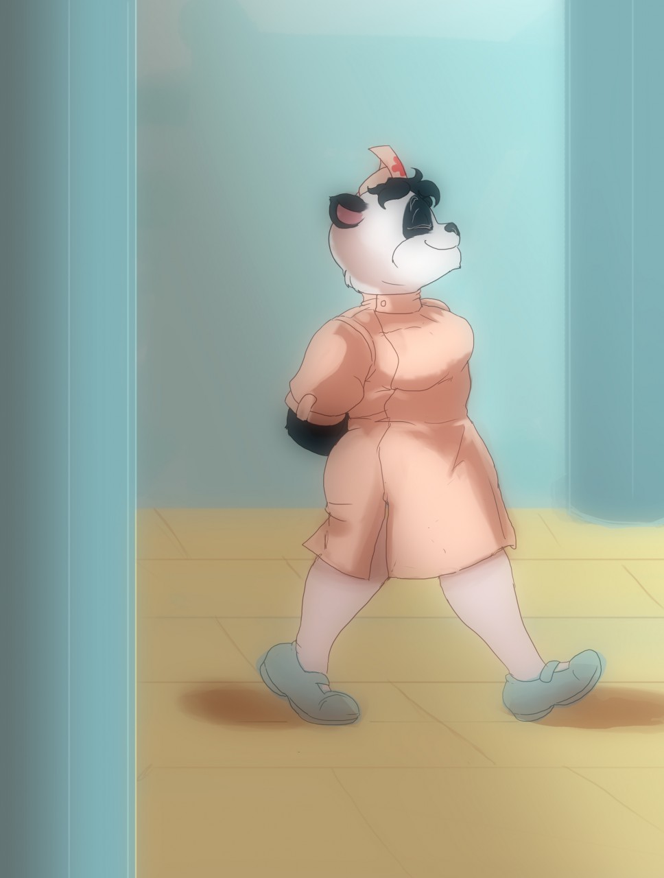 2018 anthro breasts clothed clothing eyes_closed female mammal missebony nurse panda smile solo ursine walking