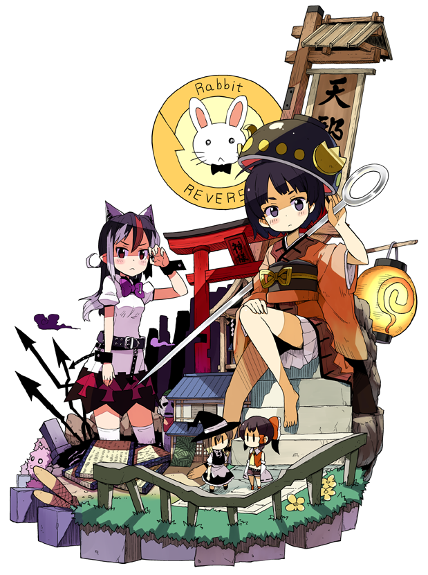:&lt; bare_legs barefoot belt bow bowl bowl_hat bowtie bunny cloud cover cover_page cuff_links doujin_cover fence grave hair_tubes hakurei_reimu hat holding_needle horns japanese_clothes kannazuki_hato kijin_seija kimono kirisame_marisa lantern looking_at_viewer multicolored_hair multiple_girls needle obi pointy_ears ponytail purple_eyes purple_hair red_eyes sash shaded_face short_hair sign sitting skirt sukuna_shinmyoumaru torii touhou white_background wiping_forehead witch_hat wrist_cuffs |_|