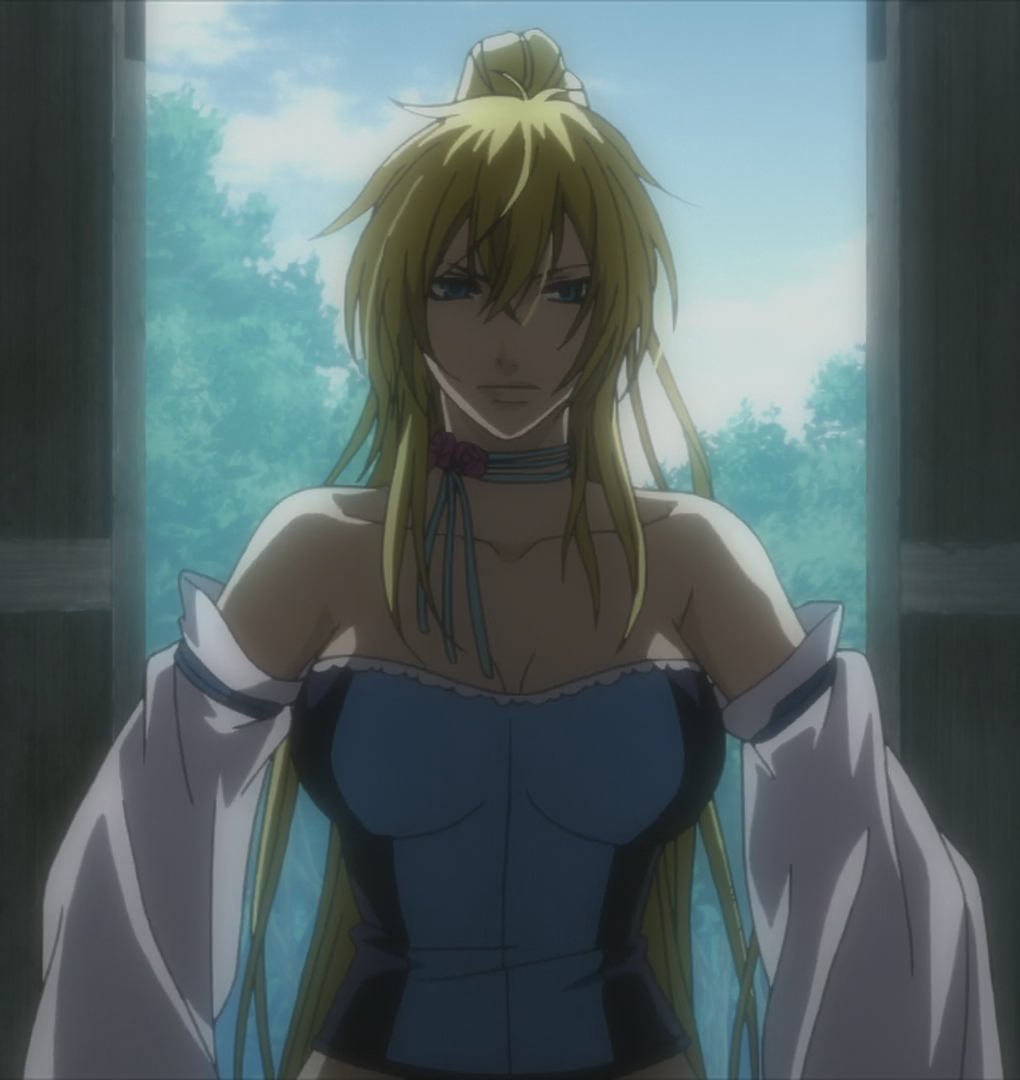 1girl anastasia anastasia_(brave_10) blonde_hair blue_eyes brave_10 breasts corset female highres large_breasts long_hair ponytail screencap solo