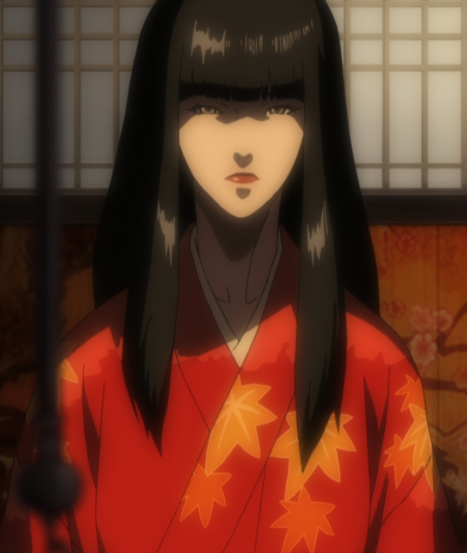 black_hair breasts grey_eyes highres japanese_clothes kimono kuromitsu kurozuka long_hair red_lipstick screencap solo vampire