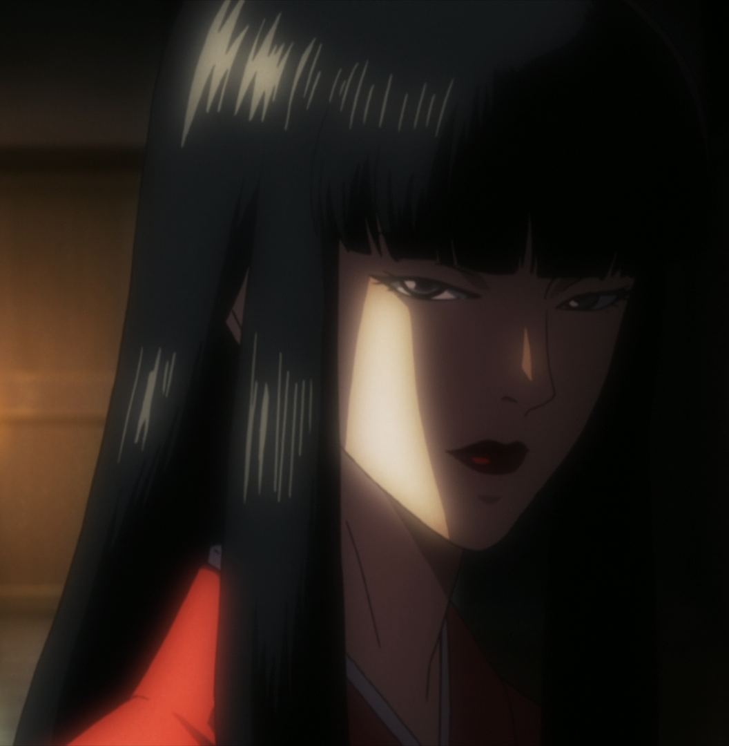 black_hair grey_eyes highres japanese_clothes kimono kuromitsu kurozuka long_hair red_lipstick screencap solo vampire