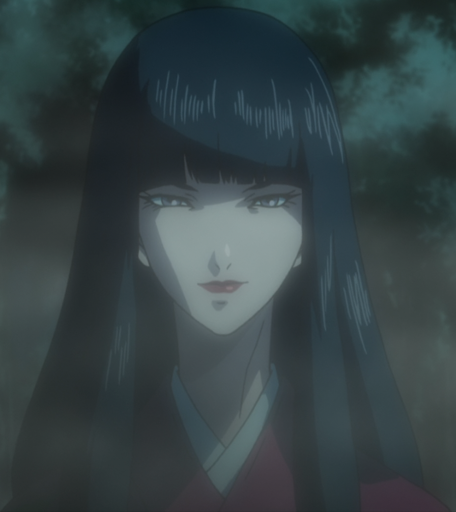black_hair grey_eyes highres japanese_clothes kimono kuromitsu kurozuka long_hair red_lipstick screencap solo vampire