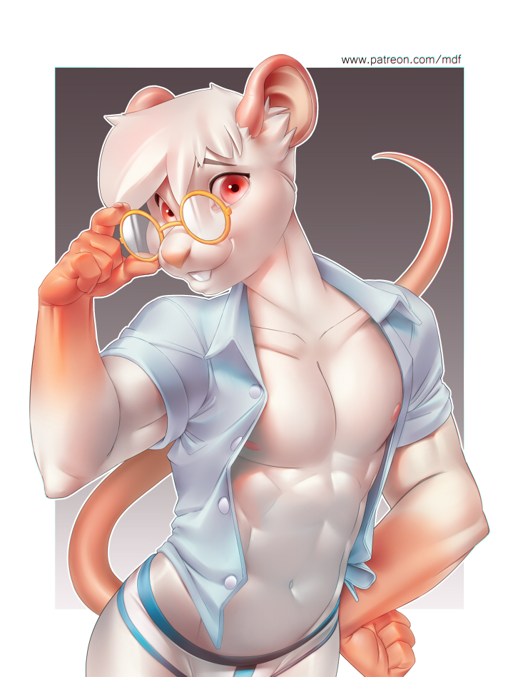 2014 abs anthro biceps biscuit_(character) blush briefs bulge clothed clothing eyewear fur glasses hair half-dressed looking_at_viewer male mammal miles_df mouse muscles nipples open_mouth open_shirt pecs rat red_eyes rodent shirt solo teeth underwear white_fur