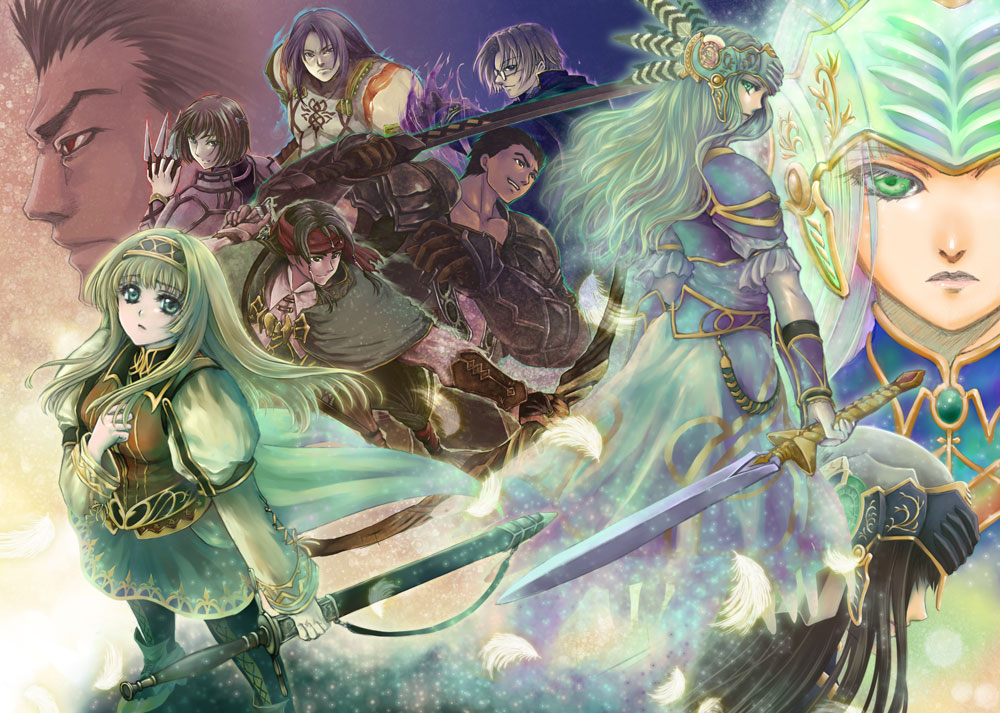 6+boys alicia_(valkyrie_profile_2) armor arngrim black_hair brown_hair character_request everyone expressionless feathers gloves green_eyes hairband headband helmet hrist_valkyrie lenneth_valkyrie lezard_valeth multiple_boys multiple_girls rufus_(valkyrie_profile) silmeria_valkyrie skirt sutehiko sword valkyrie_profile valkyrie_profile_2 weapon