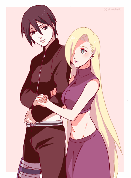 1boy 1girl amiko arm_hug black_hair blonde_hair couple midriff naruto naruto:_the_last navel pale_skin sai very_long_hair yamanaka_ino