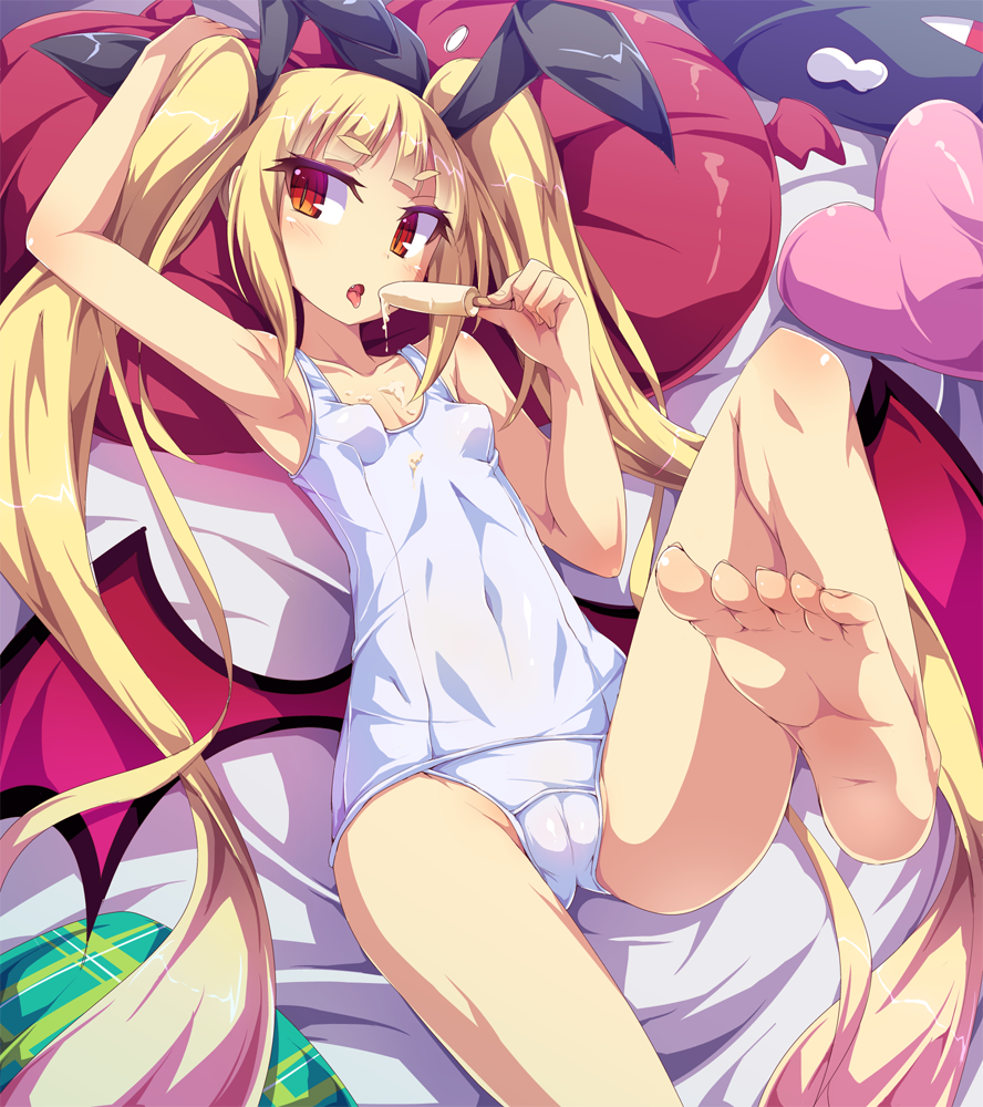 blazblue blonde_hair breasts cameltoe covered_navel food gii long_hair looking_at_viewer nago one-piece_swimsuit popsicle rachel_alucard red_eyes school_swimsuit small_breasts solo swimsuit toraishi_666 white_school_swimsuit white_swimsuit