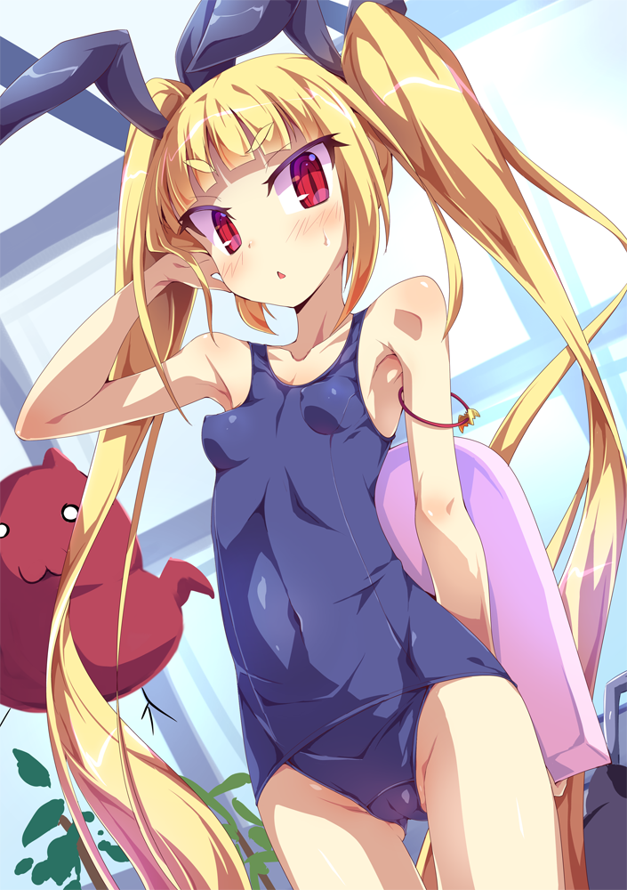 blazblue blonde_hair blush breasts cameltoe gii kickboard long_hair looking_at_viewer one-piece_swimsuit perky_breasts rachel_alucard red_eyes school_swimsuit slit_pupils small_breasts solo swimsuit toraishi_666 triangle_mouth twintails very_long_hair