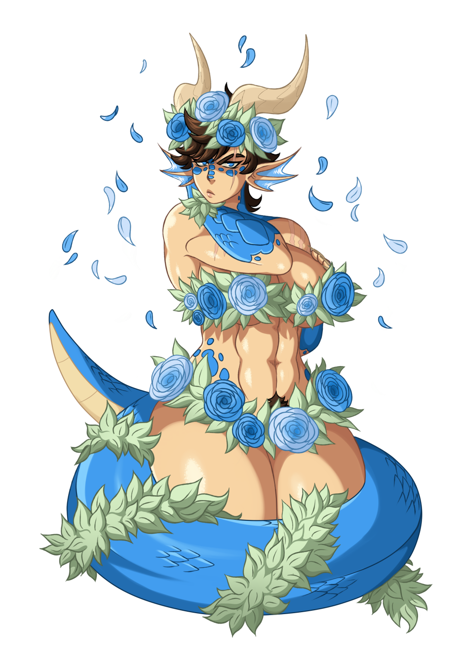 abs angry big_breasts blue_eyes blue_scales breasts brown_hair dragon drakthug female flower hair horn looking_at_viewer norael nude plant pubes rose scalie scar solo thick_thighs voluptuous