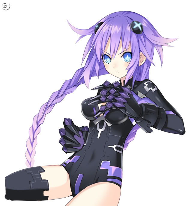 &gt;:( bangs black_legwear blue_eyes blush braid breasts choujigen_game_neptune claws cleavage_cutout covered_navel cowboy_shot fighting_stance frown gauntlets hair_ornament leotard long_hair long_sleeves magical_girl medium_breasts neon_trim neptune_(series) official_art power_symbol purple_hair purple_heart simple_background solo symbol-shaped_pupils thighhighs tsunako turtleneck twin_braids v-shaped_eyebrows very_long_hair watermark white_background