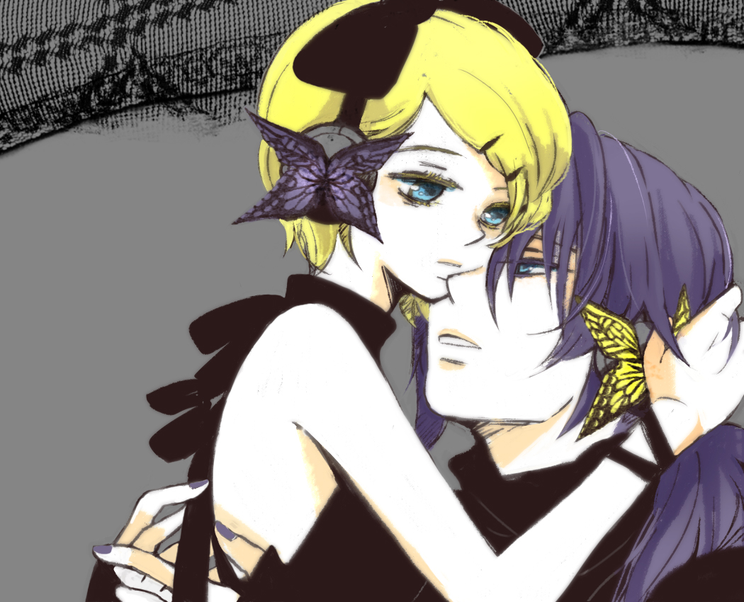 1girl age_difference blonde_hair bow bug butterfly butterfly_hair_ornament couple hair_ornament headphones hetero hug insect kagamine_rin kamui_gakupo magnet_(vocaloid) nia_(four_winds) purple_hair short_hair vocaloid