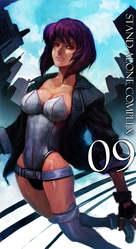 belt breasts cleavage fingerless_gloves ghost_in_the_shell gloves jacket kusanagi_motoko lack large_breasts leotard loose_belt purple_hair red_eyes solo thighhighs
