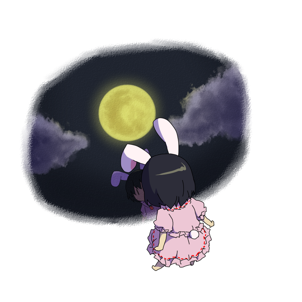 animal_ears barefoot brown_hair bunny_ears bunny_tail chibi dress from_above inaba_tewi moon pink_dress reflection simple_background solo tail touhou yamabuki_(yusuraume) |_|