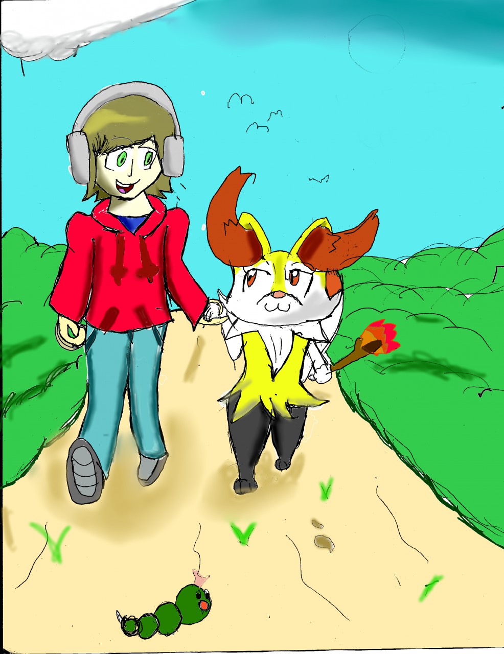 2015 animated braixen canine clothing cute duo female fur games godofgoomy hair hand_holding human inner_ear_fluff male male/female mammal nintendo open_mouth pok&eacute;mon red_eyes smile stick video_games walking