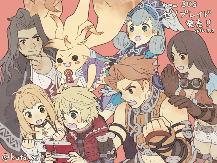 3girls carna dunban fiorun handheld_game_console kutta melia multiple_boys multiple_girls nintendo_3ds nopon playing_games rein_(xenoblade) riki_(xenoblade) shulk xenoblade_(series) xenoblade_1