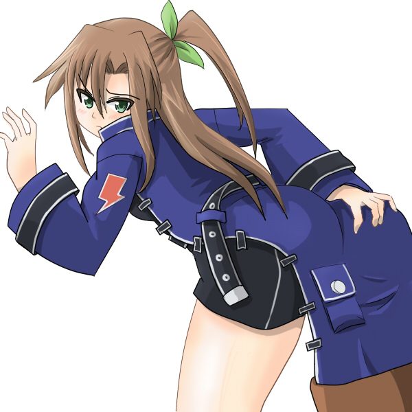 1girl artist_request ass ass_grab bent_over blush boyshorts breasts brown_hair choujigen_game_neptune coat compile_heart embarrassed from_behind frown green_eyes hair_ornament idea_factory if_(choujigen_game_neptune) leaning leaning_forward long_hair looking_at_viewer neptune_(series) pout side_ponytail solo