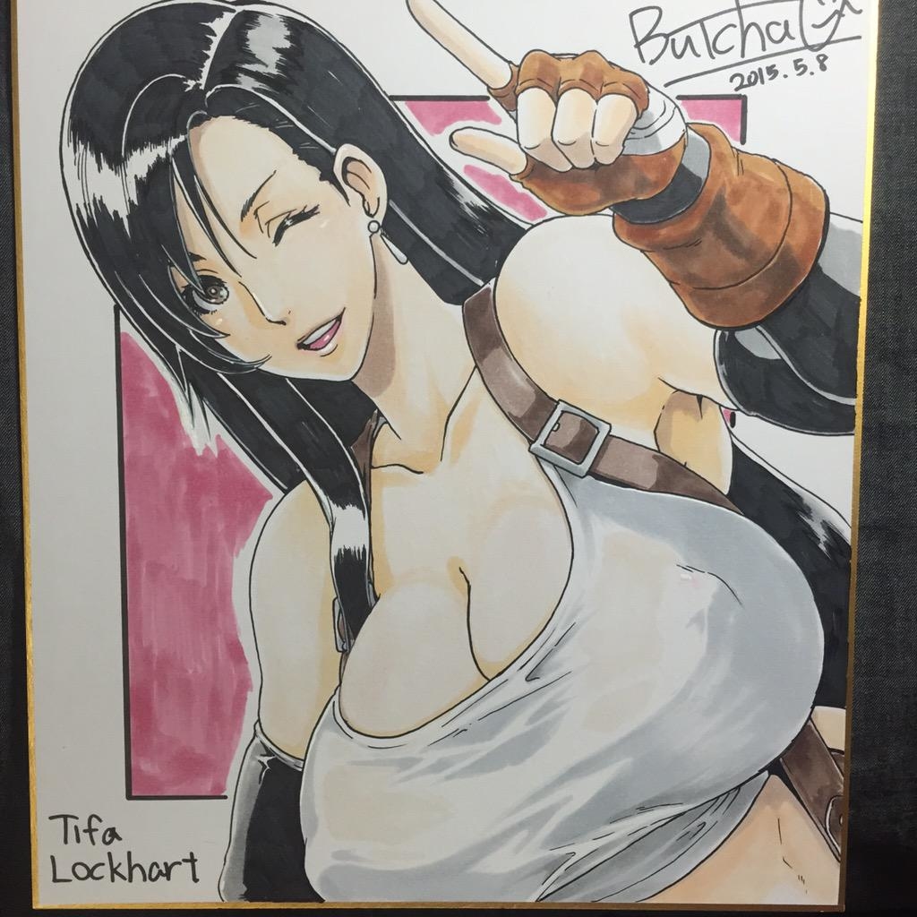 1girl black_hair breasts butcha-u cleavage eroquis final_fantasy final_fantasy_vii large_breasts long_hair pixiv_manga_sample signature tifa_lockhart