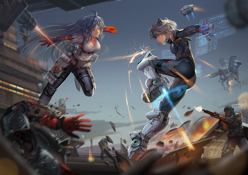 ahoge animal_ears antennae armor army assault_rifle bad_id bad_pixiv_id battle bodysuit boots breasts bug building cannon cat_ears cleavage copyright_request cyborg damaged duel energy_shield epic firing flying gatling_gun gloves gun headgear helmet hologram insect jumping long_hair mecha medium_breasts motion_blur multiple_girls official_art power_suit rifle robot saber_01 satellite science_fiction short_hair silver_hair skin_tight soldier three-dimensional_maneuver_gear weapon