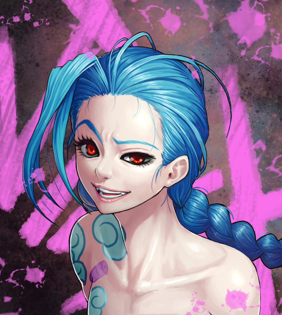 1girl blue_hair braid character_name gonster grin hairline jinx_(league_of_legends) league_of_legends long_hair red_eyes smile solo tattoo topless upper_body