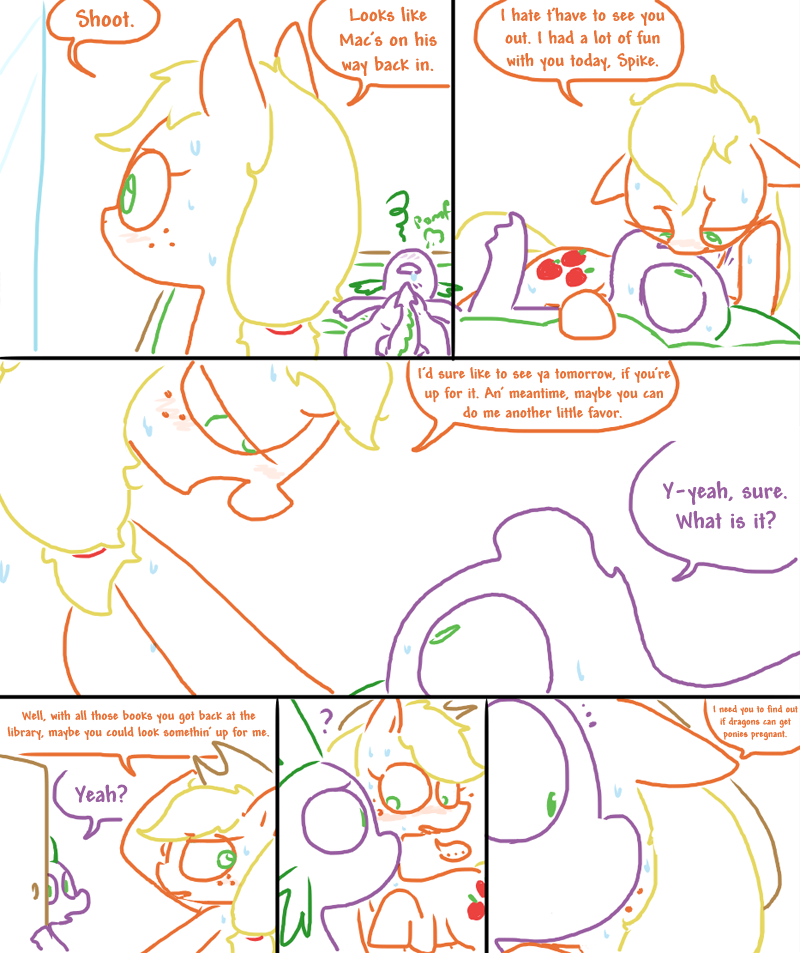 after_sex applejack_(mlp) applejack_season blush comic dialogue dragon english_text equine friendship_is_magic horse in_heat invalid_tag mammal my_little_pony pomf pony scalie spike_(mlp) sweat text the_weaver