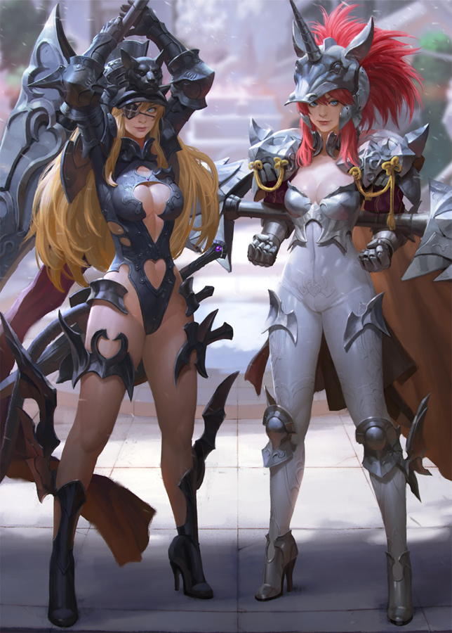 armor blonde_hair blue_eyes bodystocking breasts center_opening cleavage double-blade downscaled eyepatch fantasy full_body gauntlets greaves heart_cutout helmet high_heels horn horned_helmet huge_weapon kilart knee_pads large_breasts leotard lips long_hair md5_mismatch multiple_girls nose original pauldrons ponytail red_hair resized sidelocks standing sword weapon