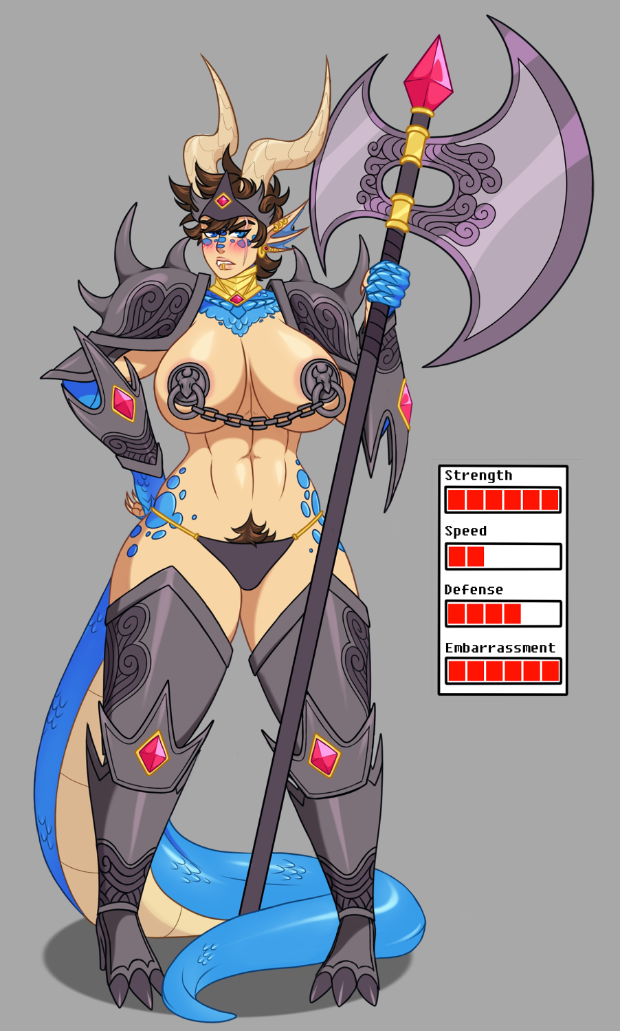 anthro armor axe big_breasts blue_eyes blue_scales blush breasts brown_hair clothed clothing dragon drakthug ear_piercing facial_piercing female hair horn nipples norael pasties piercing pubes scalie skimpy solo voluptuous weapon