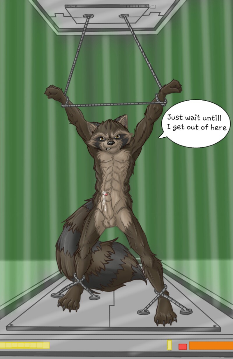 abs alternative_version_available anthro english_text erection fluffy_tail front_view fully_bound guardians_of_the_galaxy humanoid_penis kitsune18 laking male mammal muscles nipples nude partially_retracted_foreskin pecs penis precum raccoon raised_arm rocket_raccoon solo speech_bubble standing text toned uncut