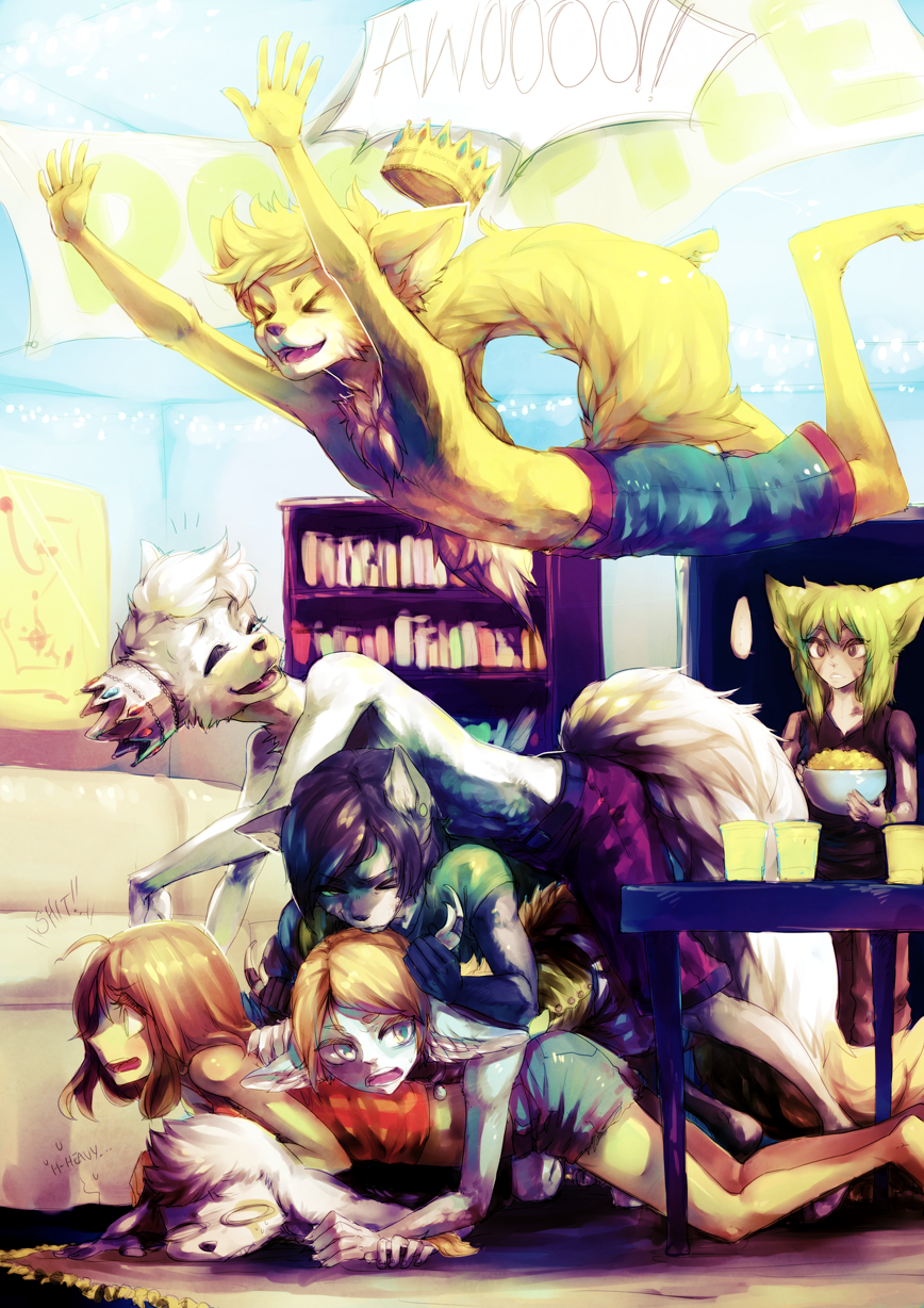 2011 ajacks_(character) amphibian anthro book canine cheek_tuft chest_tuft clothed clothing crown cyan_eyes dialogue dog_pile ear_piercing eyes_closed female fluffy_tail fox frog frogela_(character) fur girly green_hair group hair half-dressed inner_ear_fluff jotaku jumping lying male mammal myra_(character) on_front on_top piercing quasar_(character) rigel_(lil-maj) shirt shorts smile spiral_(character) text topless tuft white_hair wolf worried xiao_mei_(character)