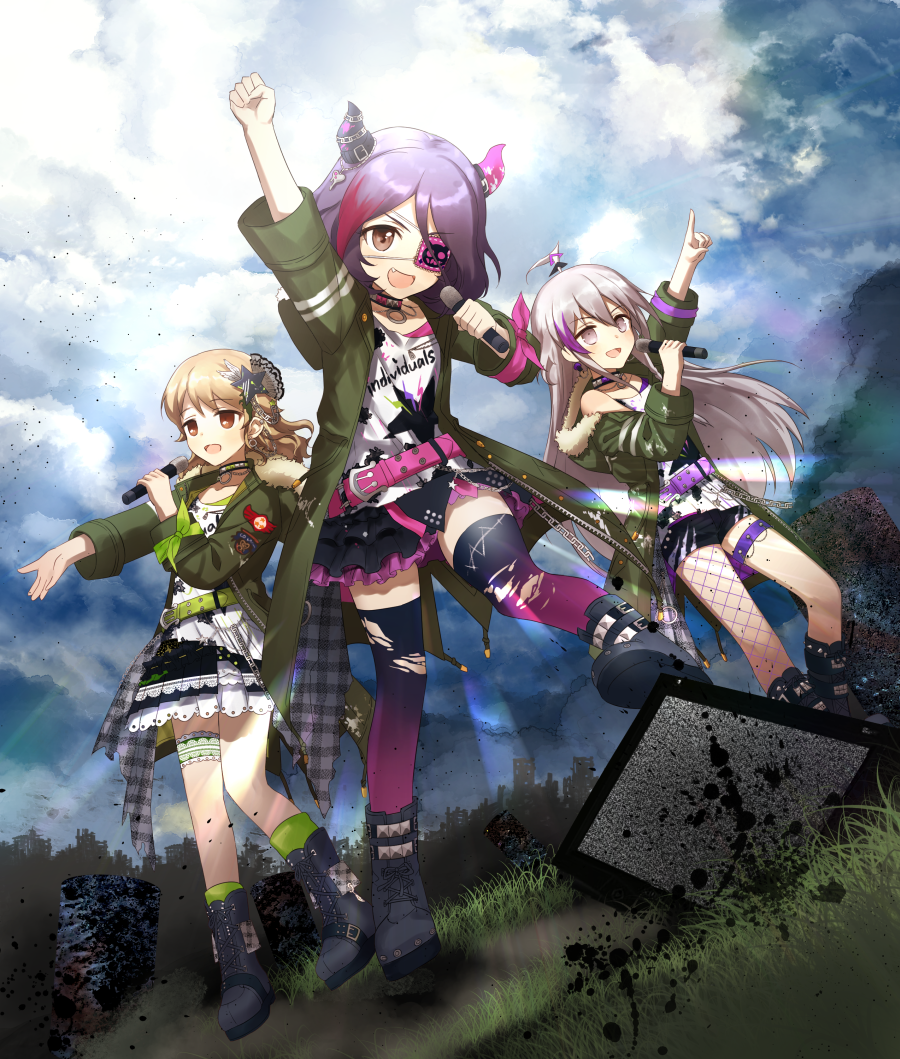 3girls :d arm_up asymmetrical_legwear belt black_footwear black_skirt blue_sky brown_eyes brown_hair clenched_hand cloud eyepatch fishnet_legwear fishnets fur_trim grass green_jacket green_legwear hair_ornaent hayasaka_mirei holding holding_microphone horns hoshi_shouko idolmaster idolmaster_cinderella_girls idolmaster_cinderella_girls_starlight_stage jacket long_hair mameris2 medium_hair microphone morikubo_nono multicolored_hair multiple_girls open_mouth outdoors plaid pointing purple_eyes purplle_hair silver_hair skirt sky smile standing studded_choker television thigh_strap torn_clothes torn_legwear two-tone_hair