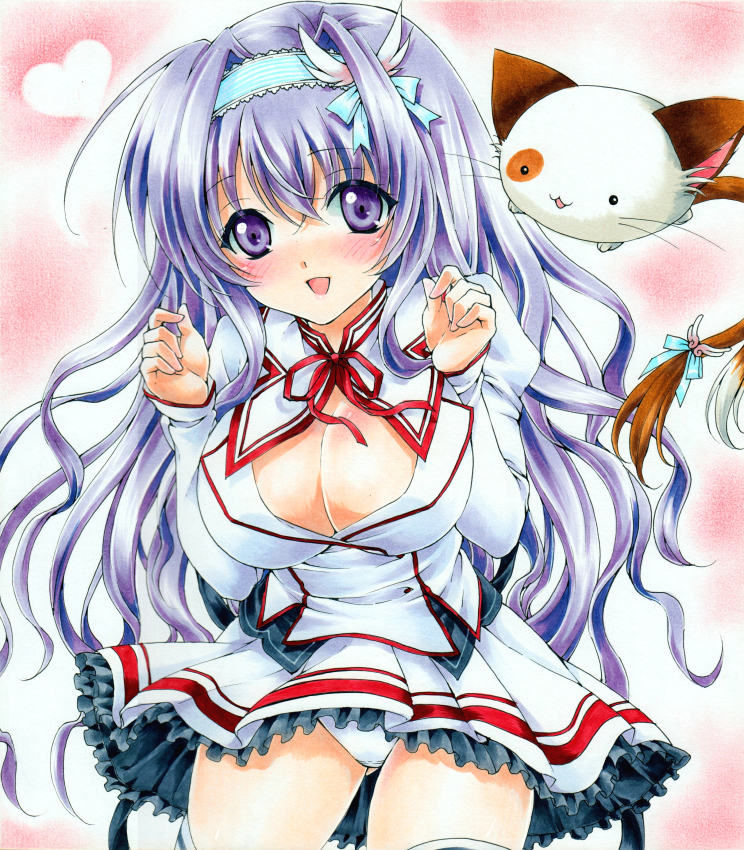 amaha_miu blush breasts cleavage hairband heart large_breasts long_hair looking_at_viewer marker_(medium) mashiroiro_symphony millipen_(medium) open_mouth pan-nya panties pastel_(medium) purple_eyes purple_hair ren_(endscape20) school_uniform smile thighhighs traditional_media underwear white_panties