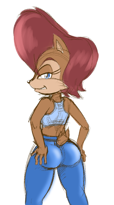 2015 anthro archie_comics blue_eyes butt chipmunk female hair mammal red_hair rodent sally_acorn saltcore smile solo sonic_(series) video_games