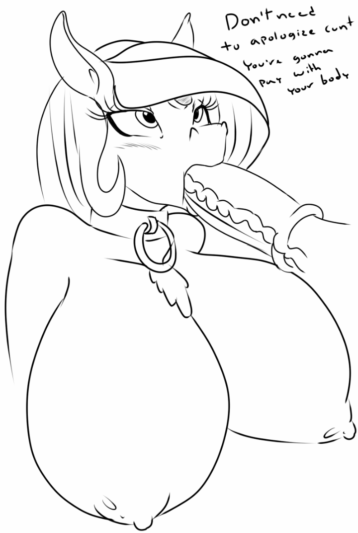 2015 animal_genitalia anthro anthrofied bad_language big_breasts black_and_white blush breasts collar dialogue disembodied_penis duo english_text equine fall_of_equestria fan_character fellatio female friendship_is_magic hair horn horse horsecock male male/female mammal monochrome my_little_pony nipples oral penis plain_background pony portrait princess_celestia_(mlp) severed_horn sex slave solo_focus text unicorn unknown_artist vein