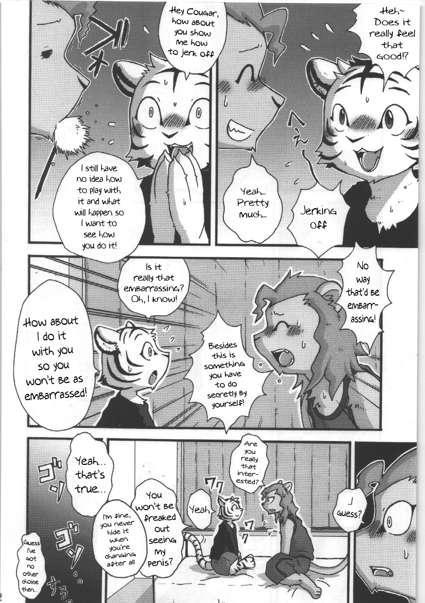 anthro blush clothing comic cougar dialogue digitigrade english_text feline fur greyscale hair long_hair male mammal manga mikazuki_karasu monochrome stripes text tiger translated white_fur