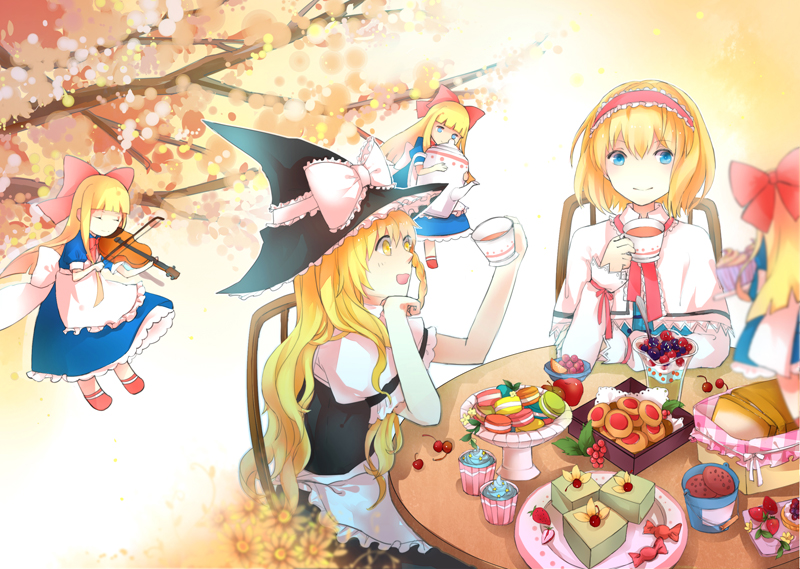 alice_margatroid apron ascot blonde_hair blue_eyes blush bow braid capelet cup flower food hair_bow hairband hat instrument kirisame_marisa long_hair macaron multiple_girls music open_mouth playing_instrument rue_(wyha666) shanghai_doll short_hair side_braid smile table teacup touhou violin waist_apron witch_hat yellow_eyes